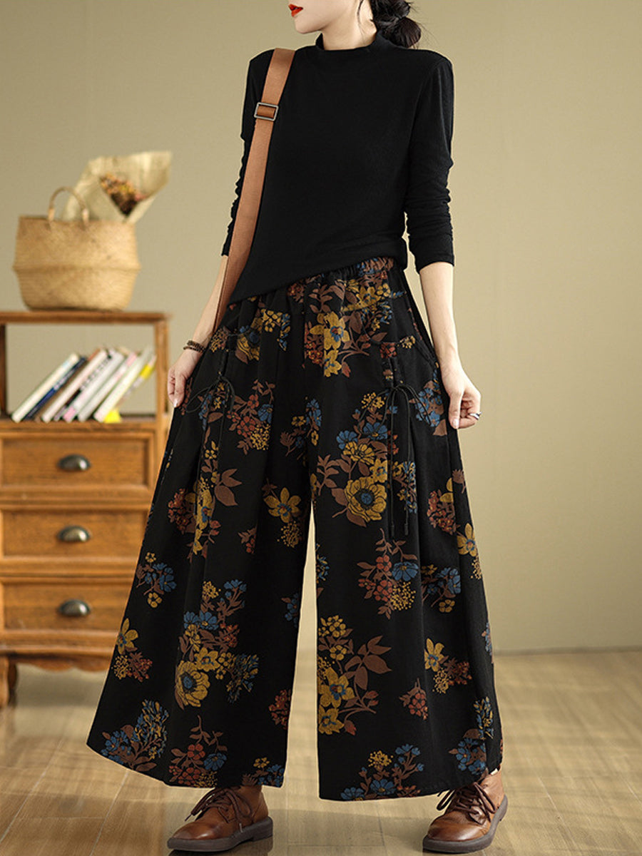 Women Autumn Retro Flower Denim Wide-leg Jeans