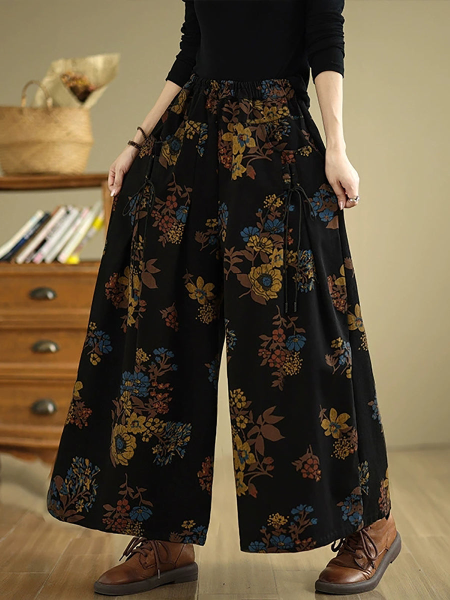 Women Autumn Retro Flower Denim Wide-leg Jeans