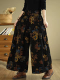 Women Autumn Retro Flower Denim Wide-leg Jeans