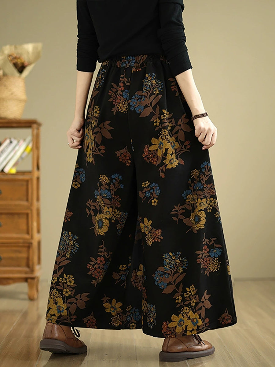 Women Autumn Retro Flower Denim Wide-leg Jeans