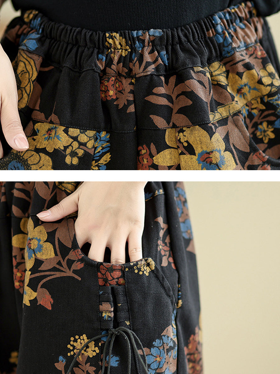 Women Autumn Retro Flower Denim Wide-leg Jeans