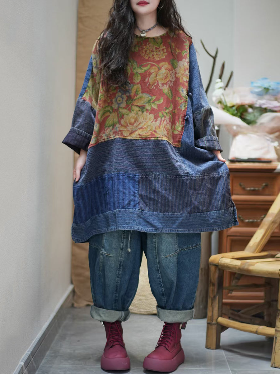Women Autumn Flower Stripe Spliced 100%Cotton Blouse