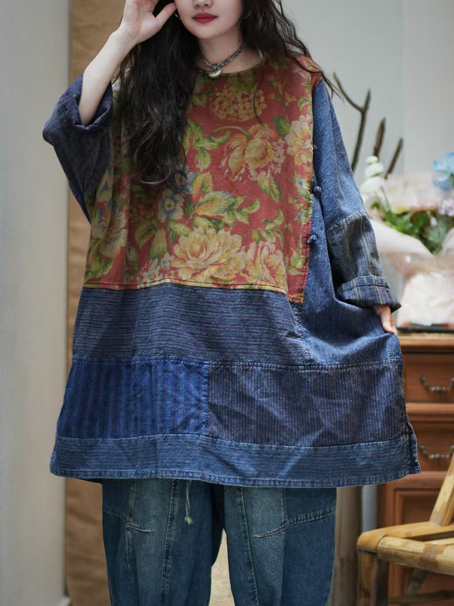 Women Autumn Flower Stripe Spliced 100%Cotton Blouse