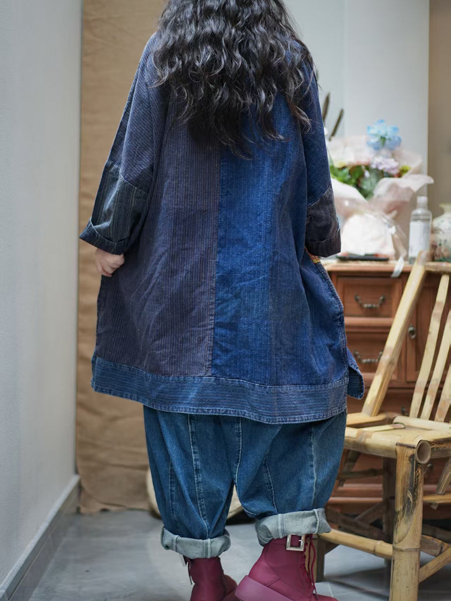 Women Autumn Flower Stripe Spliced 100%Cotton Blouse
