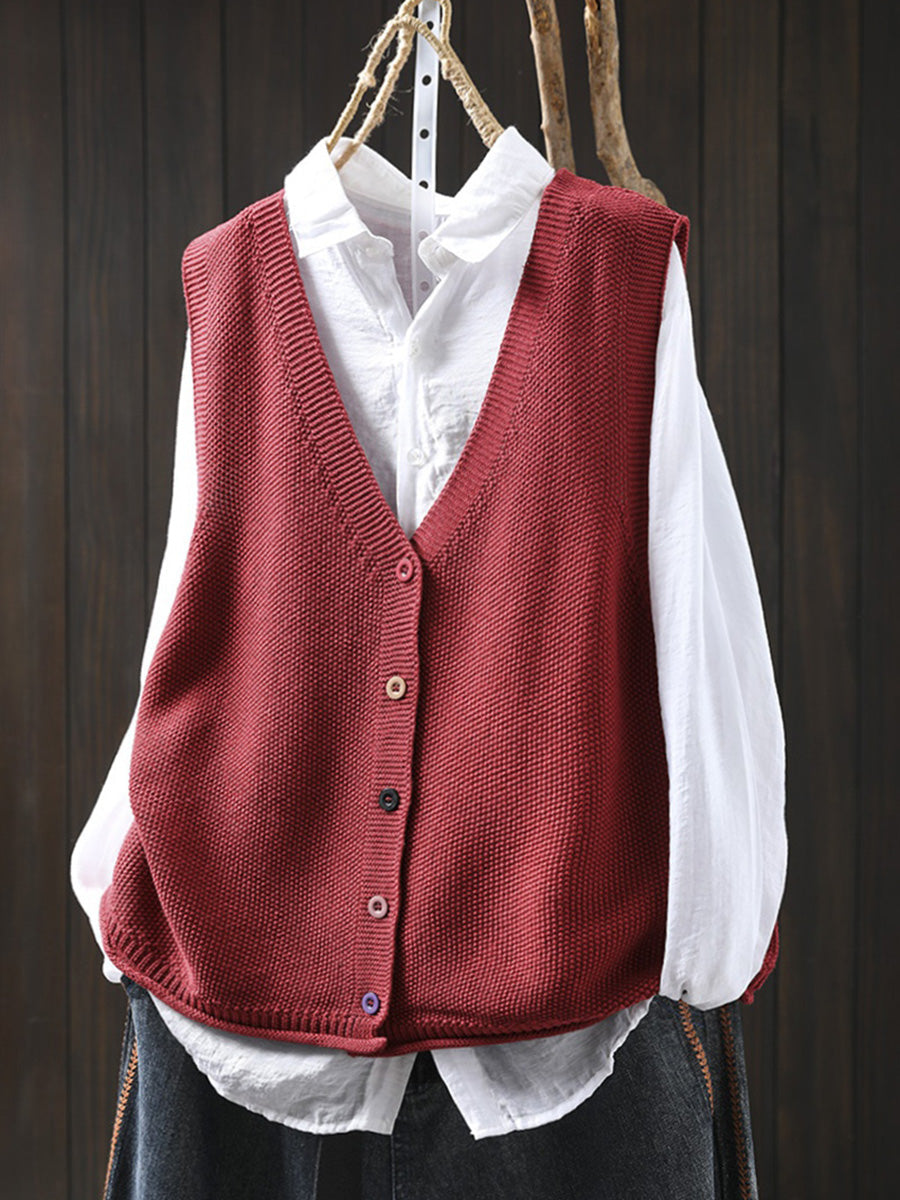 Women Autumn Artsy Pure Color V-Neck Knitted Vest
