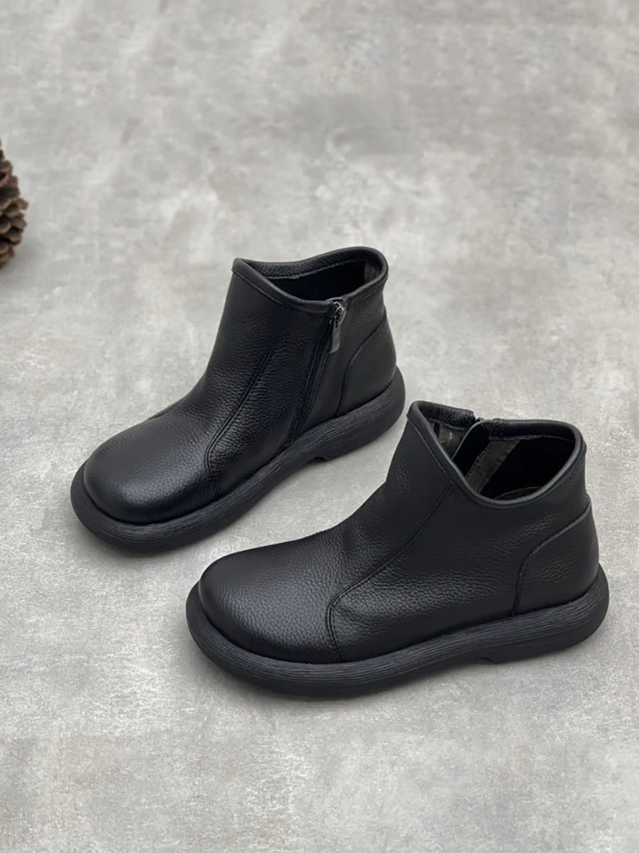 Women Winter Soft Leather Pure Color Flat Ankle Boots