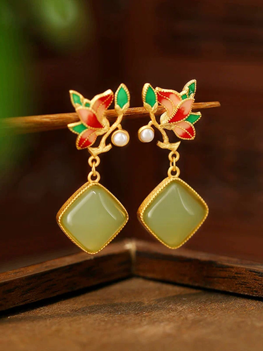 Women Vintage Flower Enamel S925Silver Jade Earrings