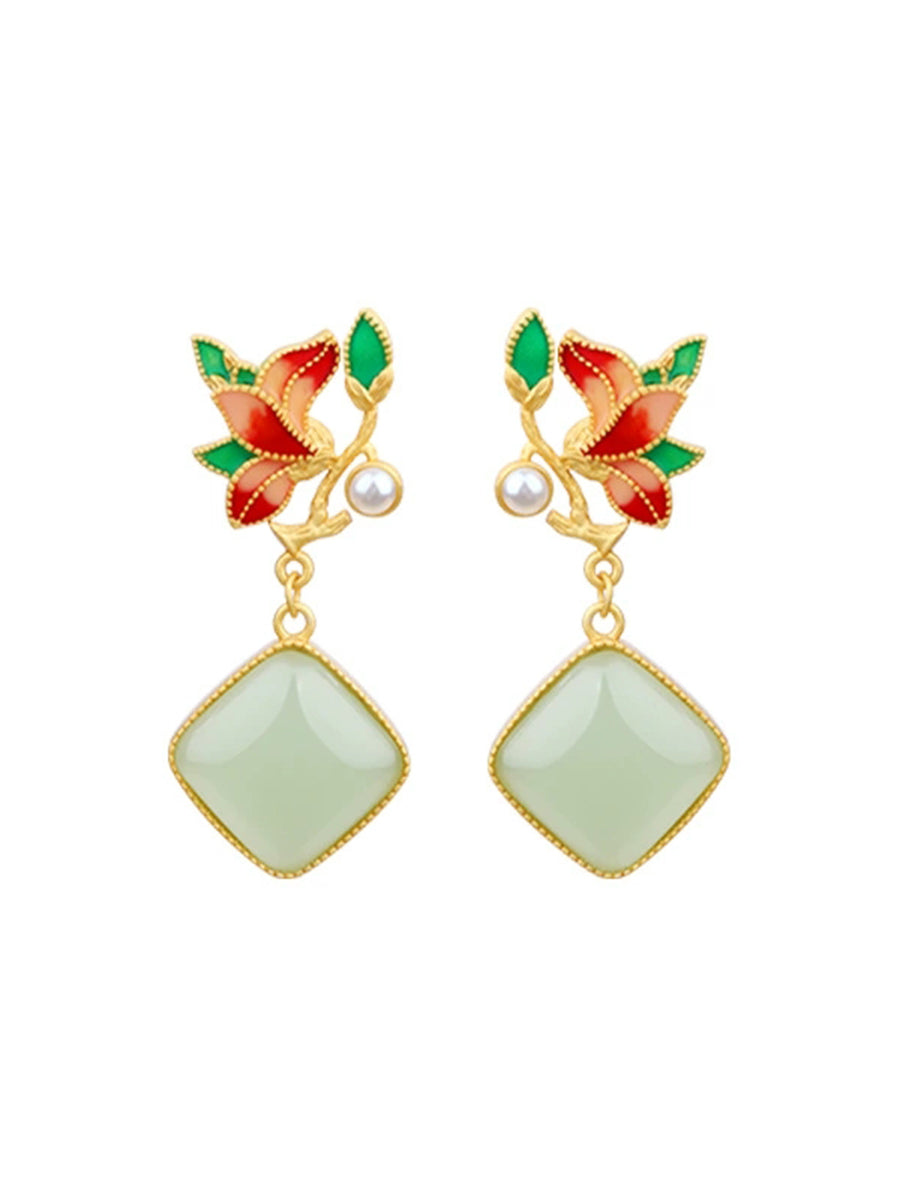 Women Vintage Flower Enamel S925Silver Jade Earrings