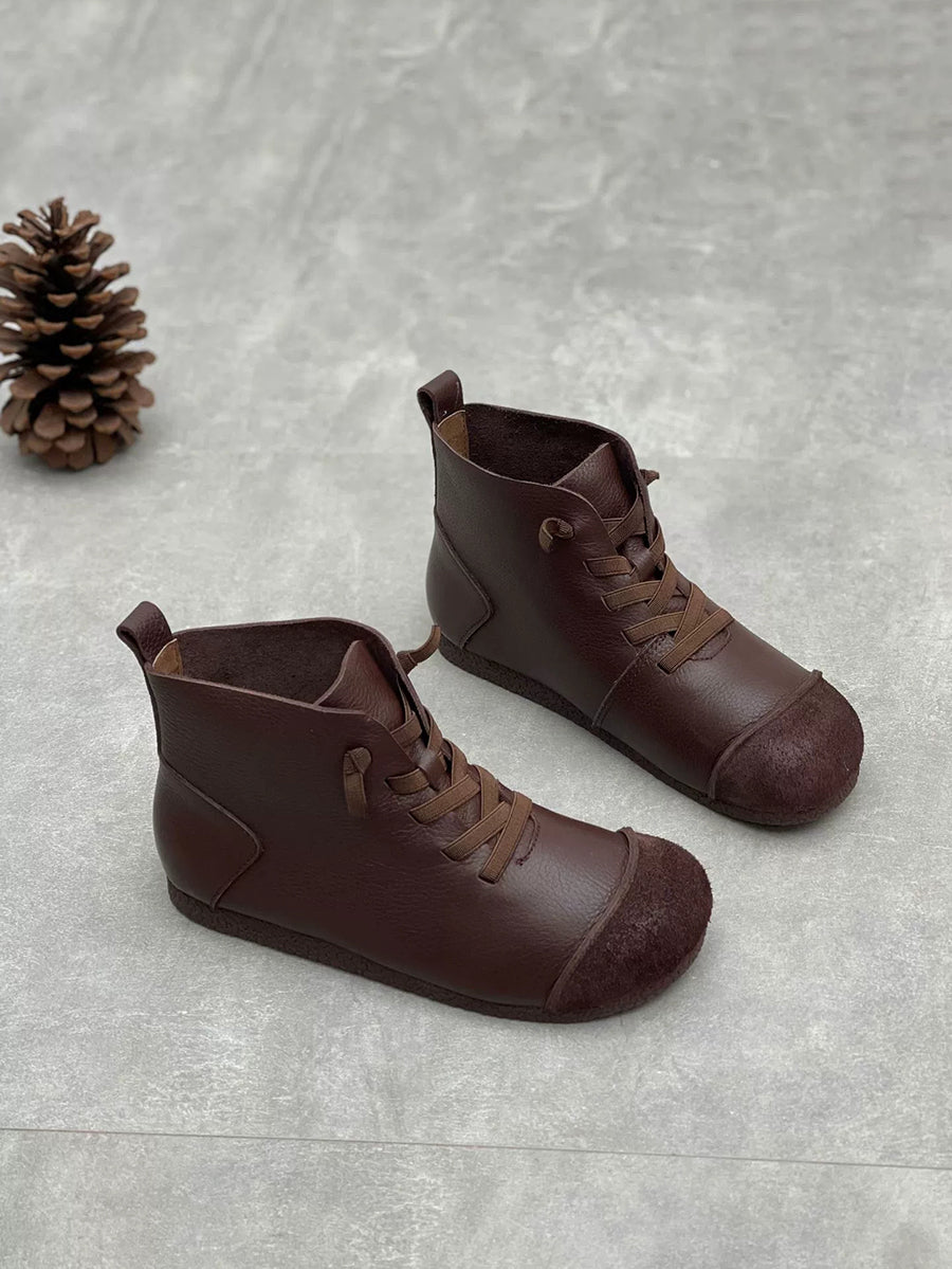 Women Vintage Genuine Leather Spliced Ankle Boots