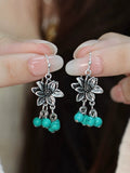 Women Ethnic Alloy Lotus Turquoise Beads Tassel Earrings