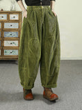 Plus Size Women Autumn Retro Pure Color Corduroy Harem Pants