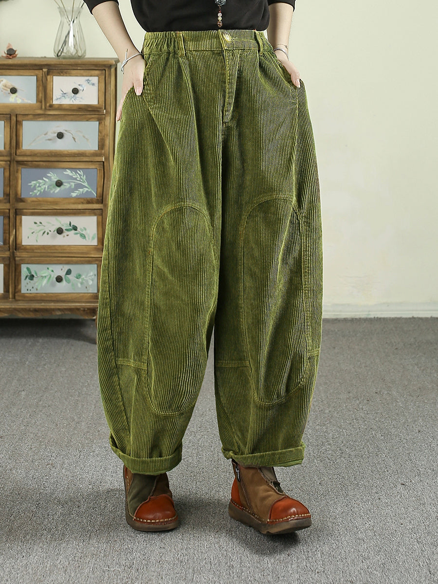 Plus Size Women Autumn Retro Pure Color Corduroy Harem Pants
