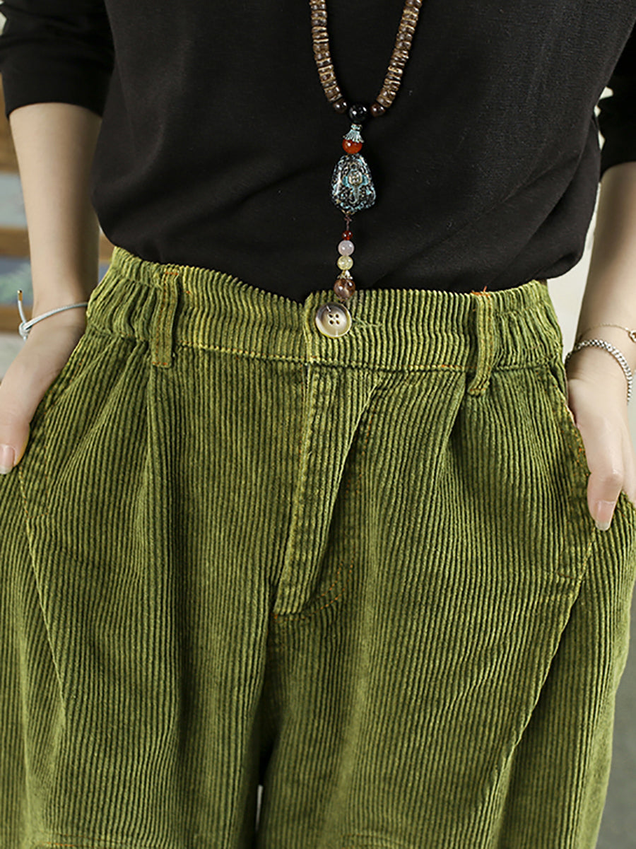 Plus Size Women Autumn Retro Pure Color Corduroy Harem Pants