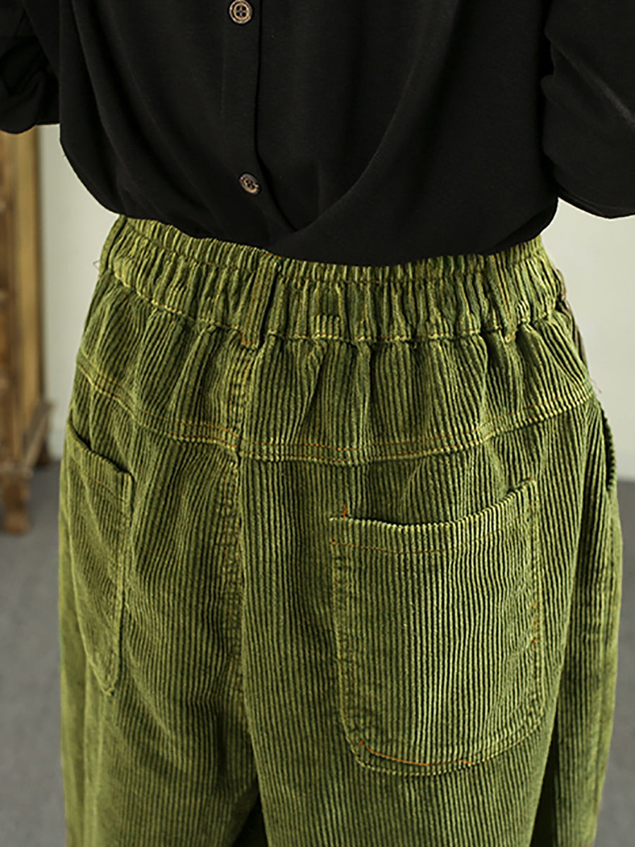 Plus Size Women Autumn Retro Pure Color Corduroy Harem Pants