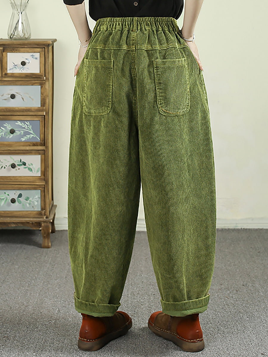 Plus Size Women Autumn Retro Pure Color Corduroy Harem Pants