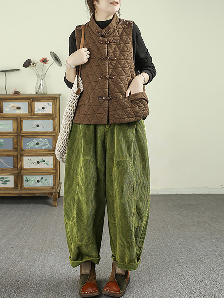 Plus Size Women Autumn Retro Pure Color Corduroy Harem Pants