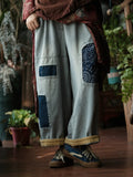 Women Vintage Patch Spliced Denim Wide-leg Jeans