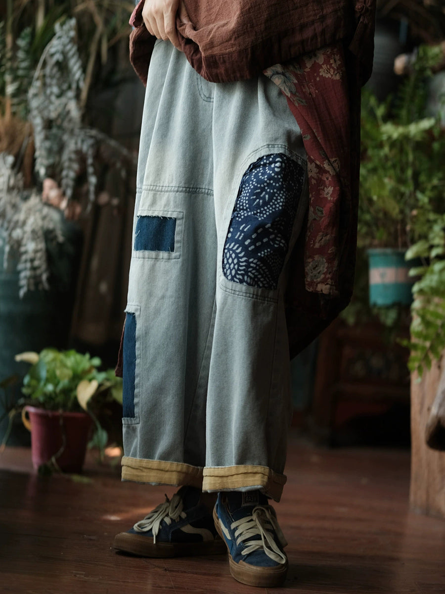 Women Vintage Patch Spliced Denim Wide-leg Jeans