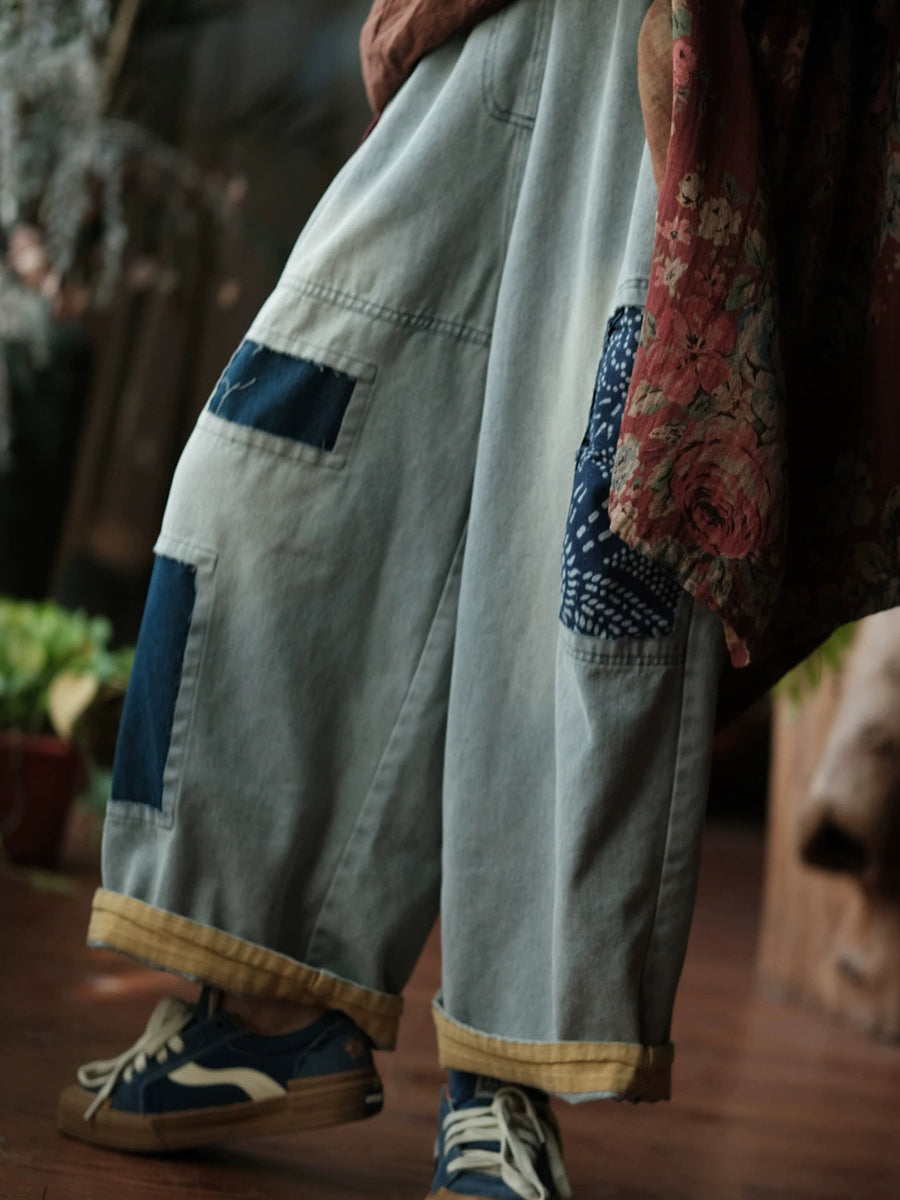 Women Vintage Patch Spliced Denim Wide-leg Jeans