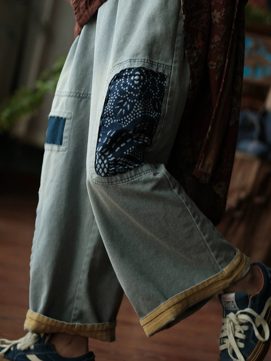 Women Vintage Patch Spliced Denim Wide-leg Jeans