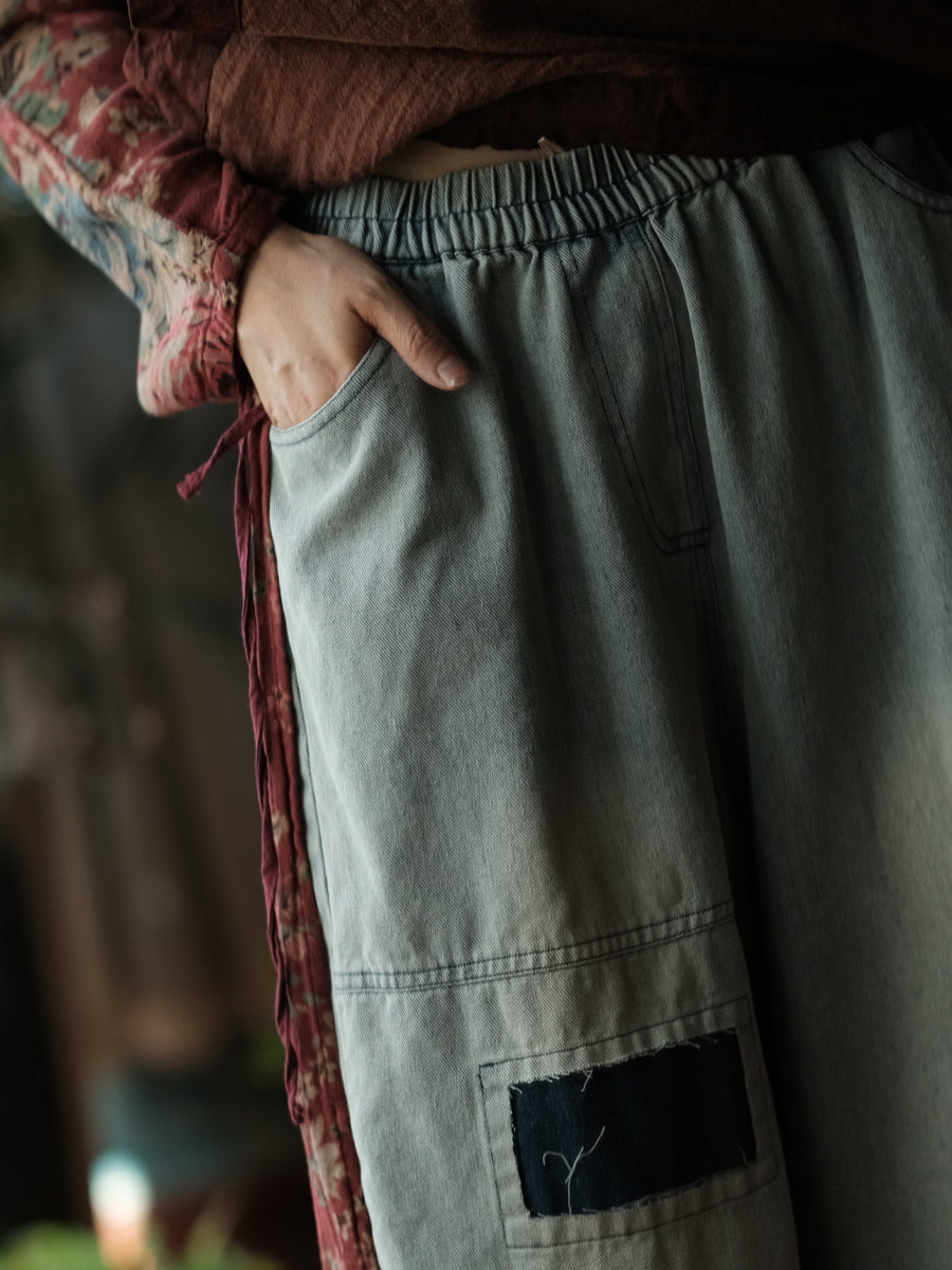 Women Vintage Patch Spliced Denim Wide-leg Jeans