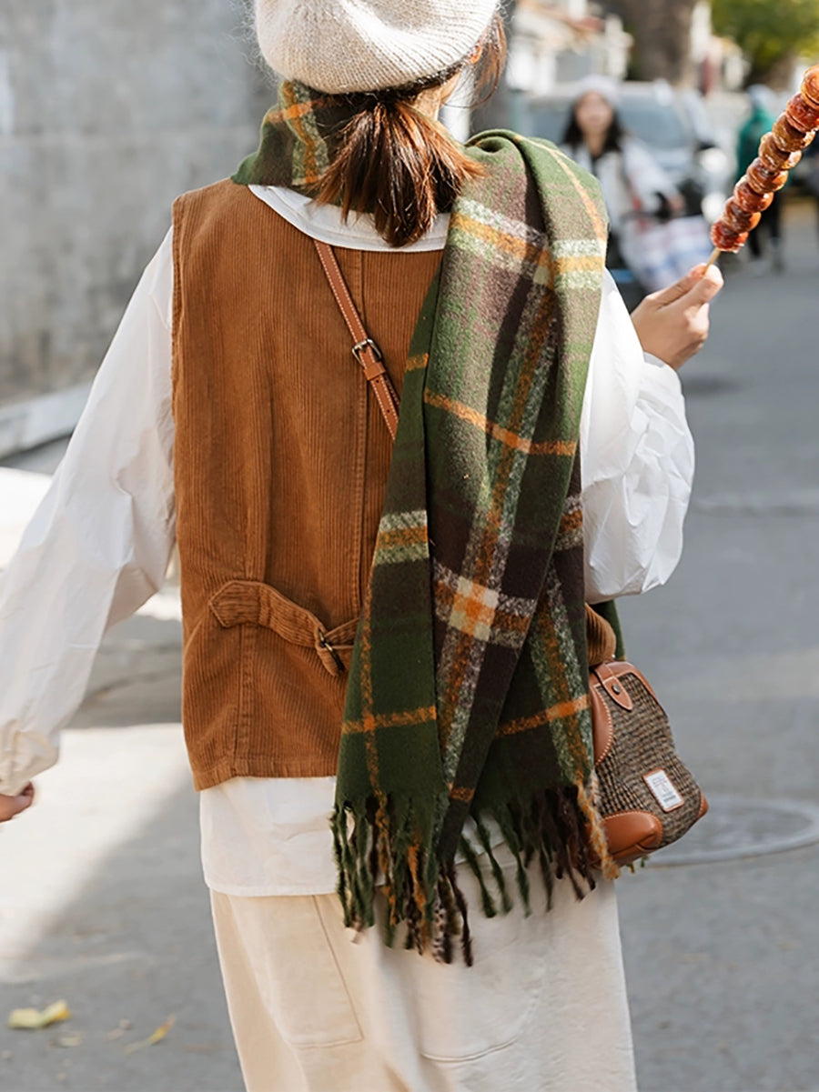 Women Winter Warm Plaid Taasel Shawl Scarf