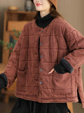 Plus Size Women Autumn Retro Pure Color O-Neck Padded Jacket
