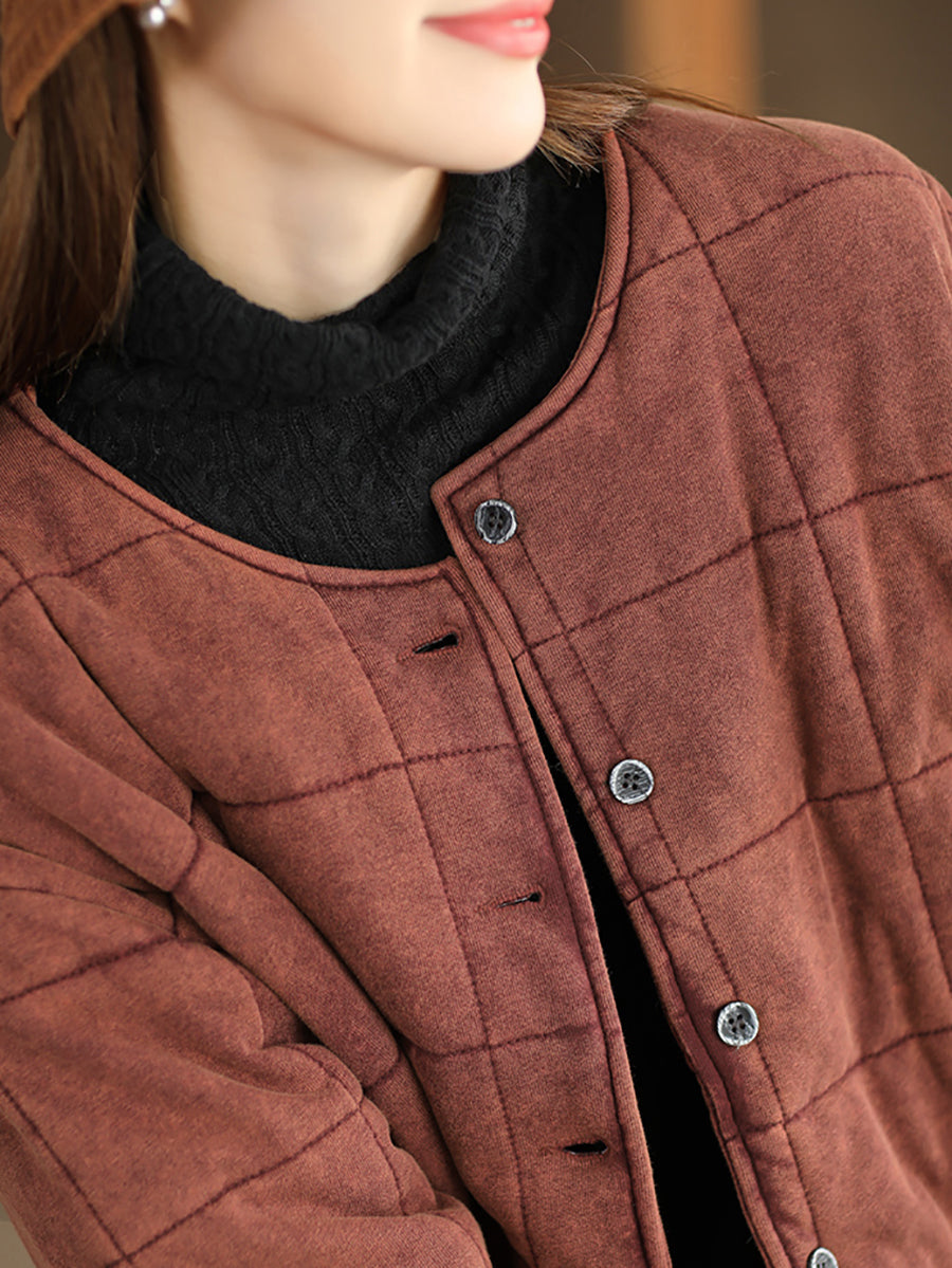 Plus Size Women Autumn Retro Pure Color O-Neck Padded Jacket