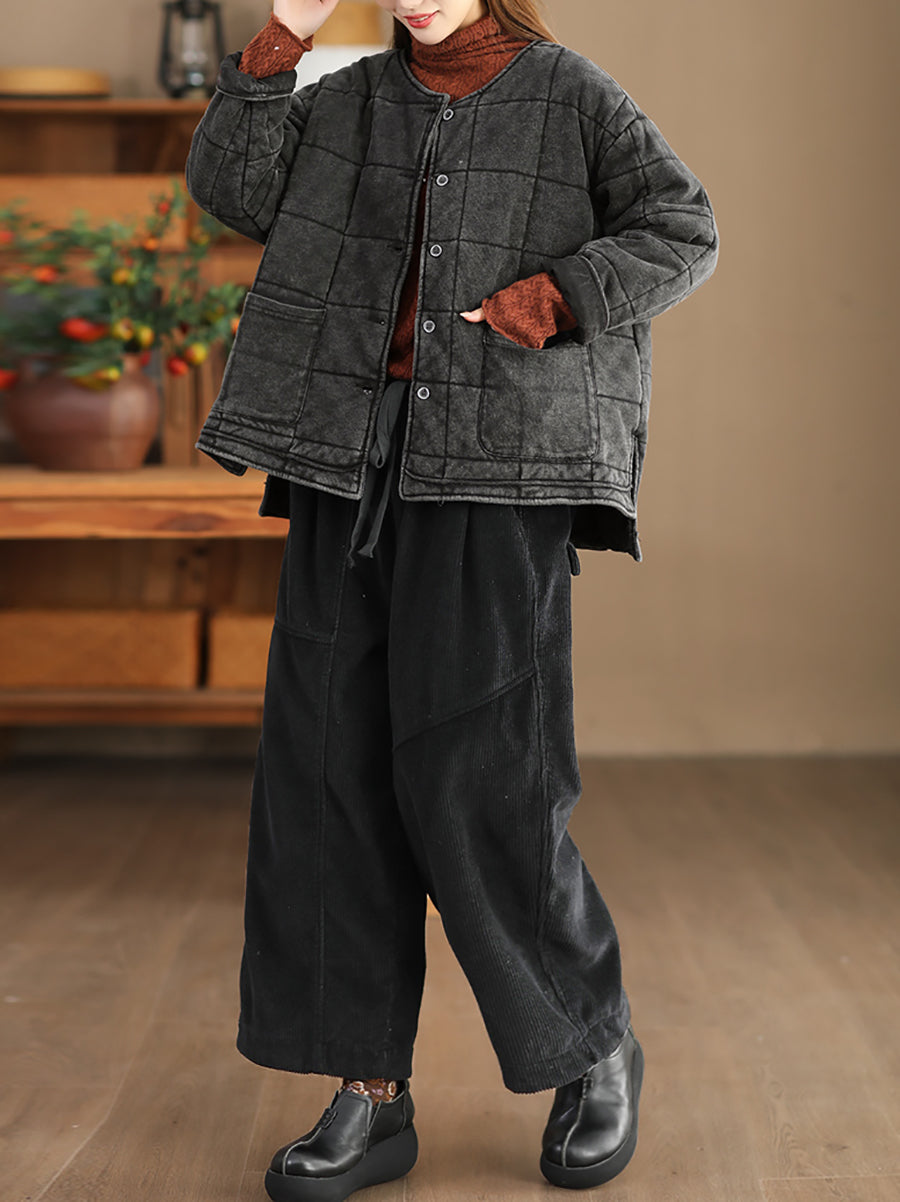Plus Size Women Autumn Retro Pure Color O-Neck Padded Jacket