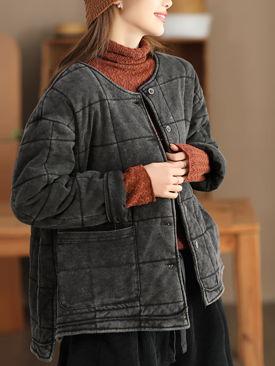 Plus Size Women Autumn Retro Pure Color O-Neck Padded Jacket