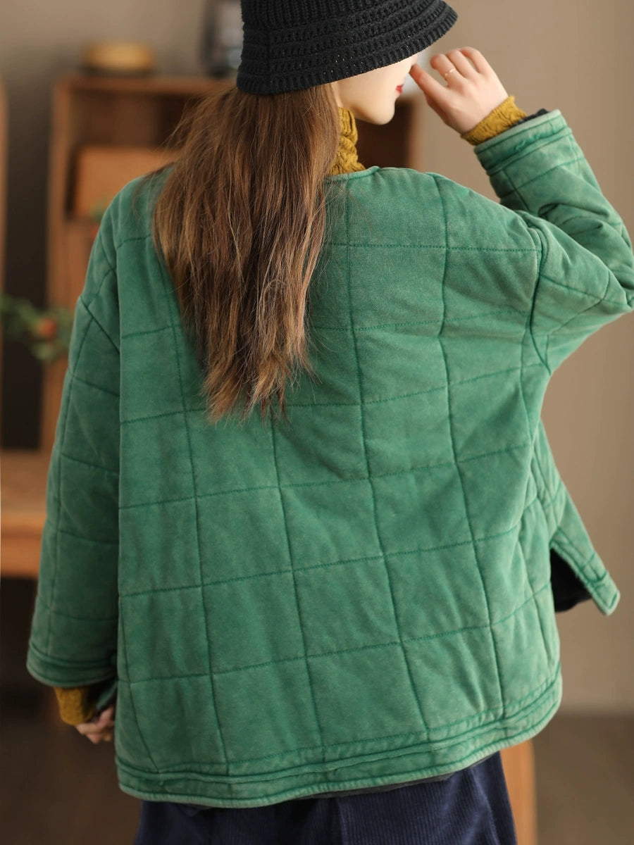 Plus Size Women Autumn Retro Pure Color O-Neck Padded Jacket