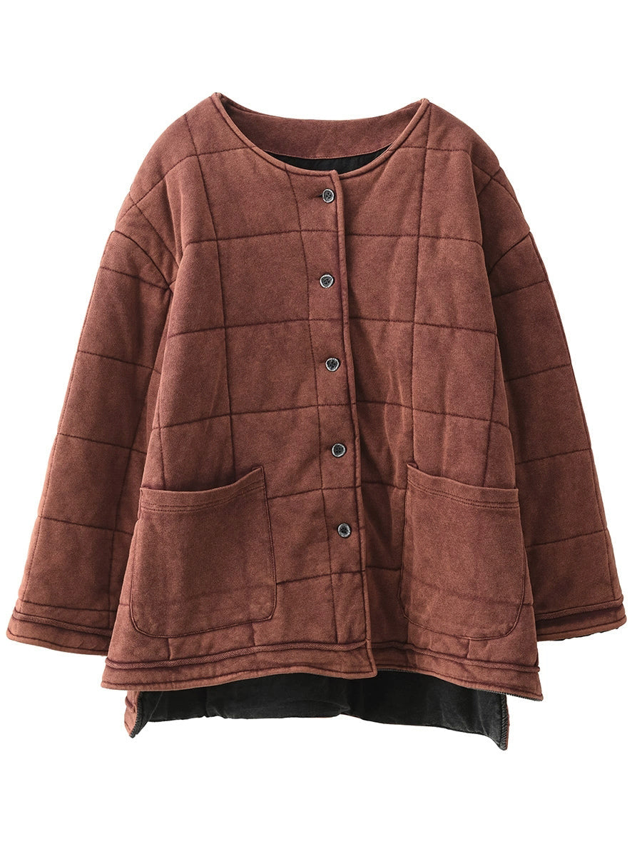 Plus Size Women Autumn Retro Pure Color O-Neck Padded Jacket