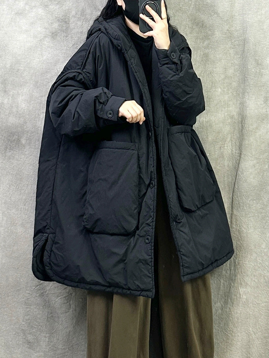 Plus Size Women Winter Casual Pure Color Hooded Padded Coat