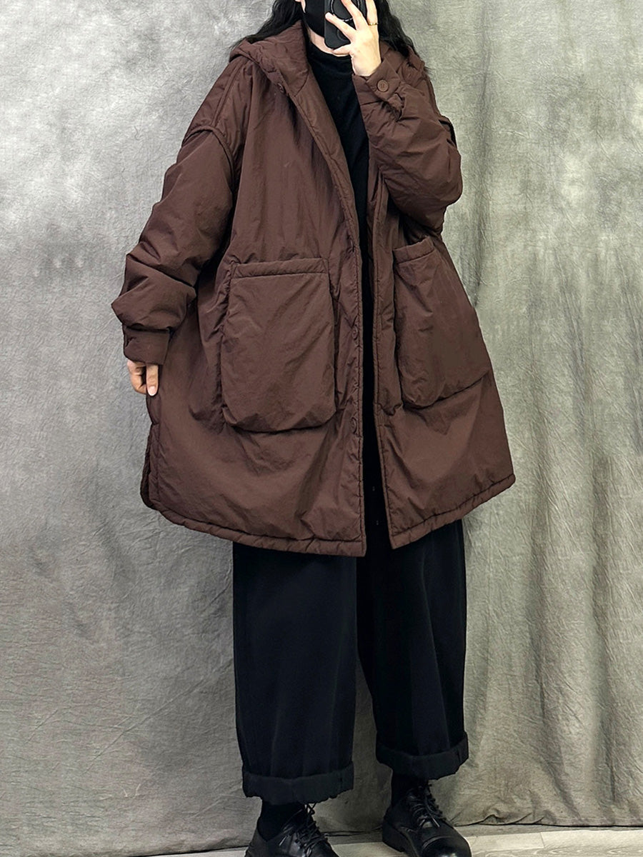 Plus Size Women Winter Casual Pure Color Hooded Padded Coat