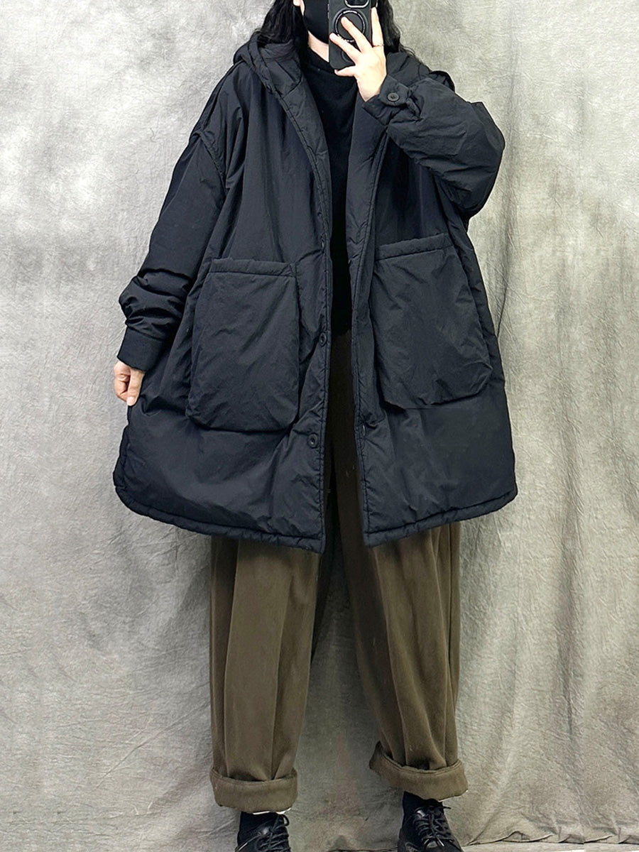 Plus Size Women Winter Casual Pure Color Hooded Padded Coat
