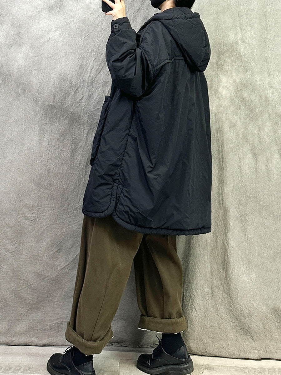 Plus Size Women Winter Casual Pure Color Hooded Padded Coat