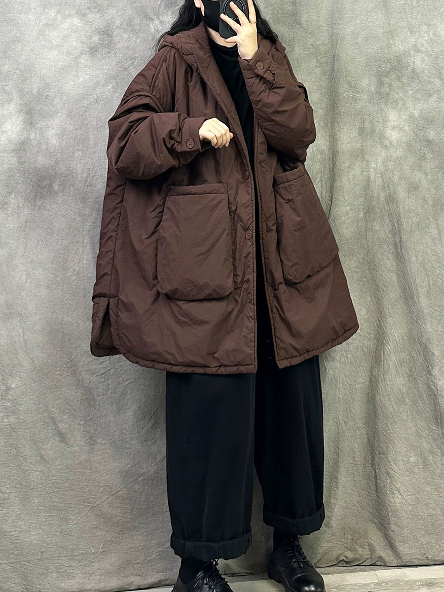Plus Size Women Winter Casual Pure Color Hooded Padded Coat