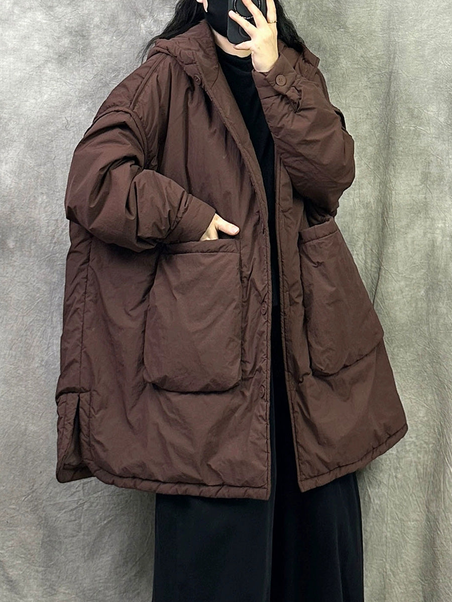 Plus Size Women Winter Casual Pure Color Hooded Padded Coat