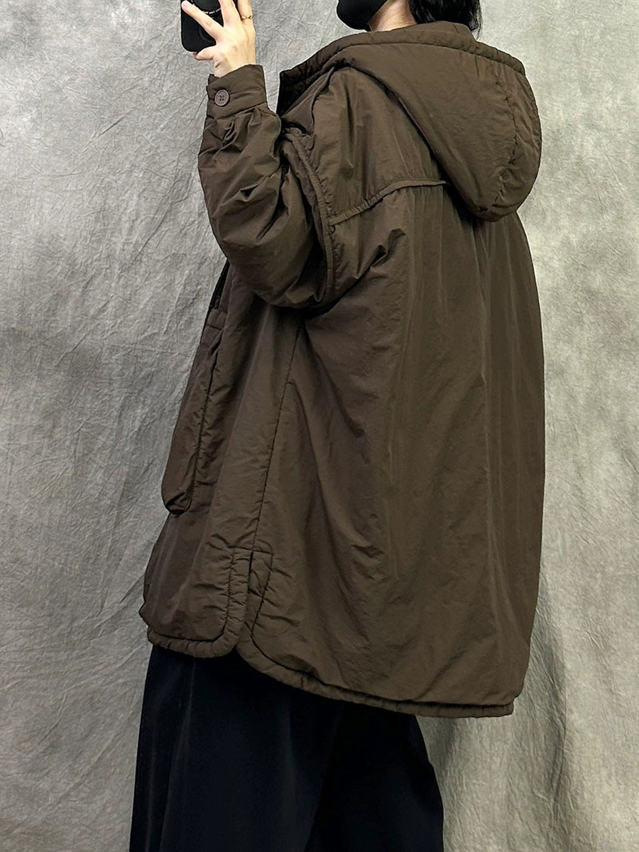 Plus Size Women Winter Casual Pure Color Hooded Padded Coat