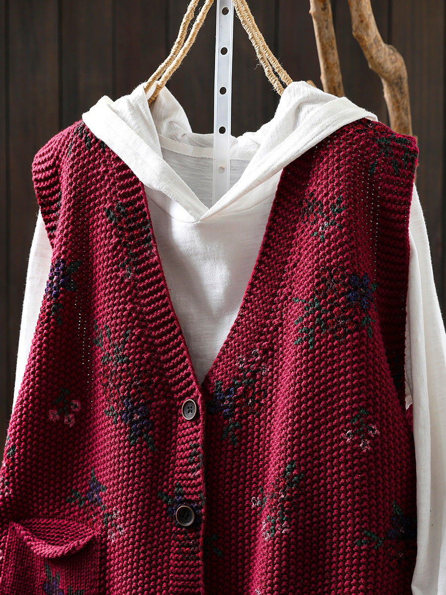 Women Autumn Retro Floral V-Neck Knitted Vest