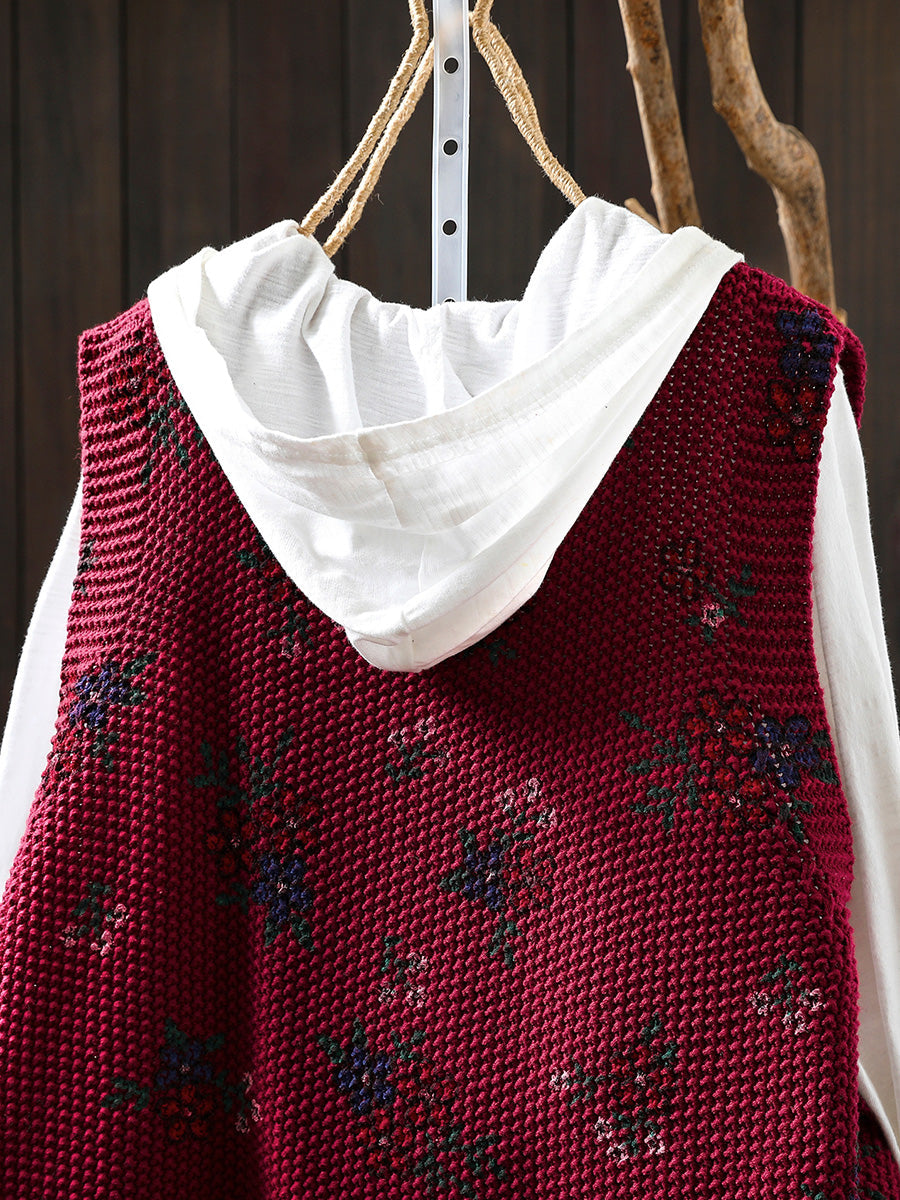 Women Autumn Retro Floral V-Neck Knitted Vest