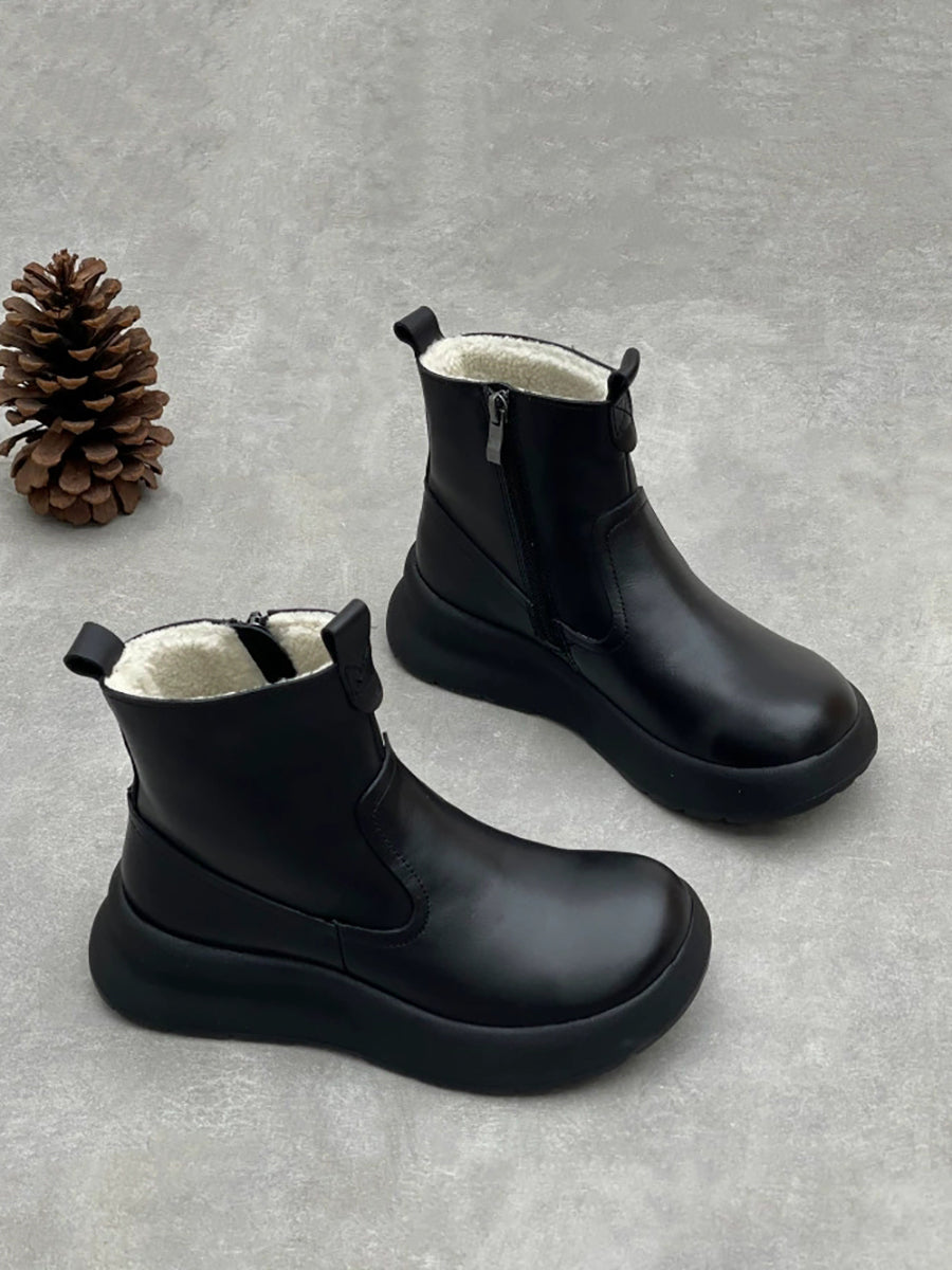 Women Vintage Genuine Leather Fleece-lined Platform Boots