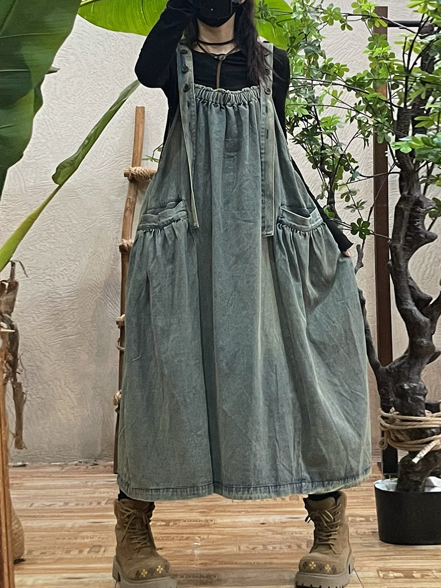 Women Autumn Casual Solid Loose Denim Overall Dress