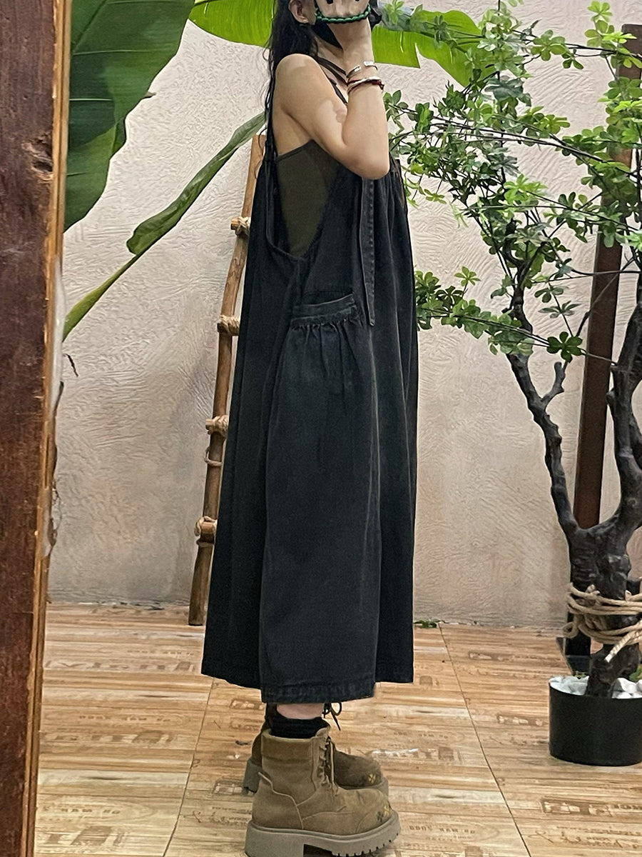Women Autumn Casual Solid Loose Denim Overall Dress