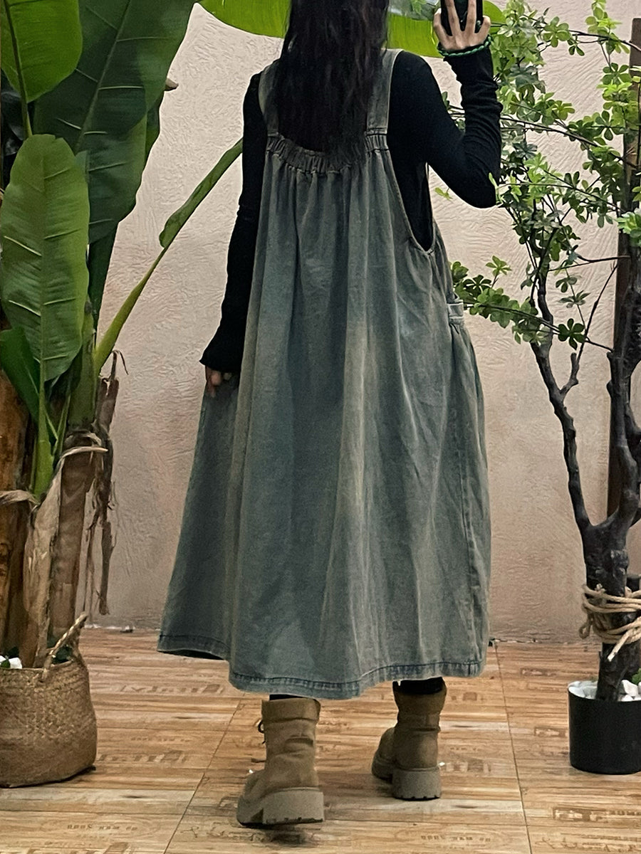 Women Autumn Casual Solid Loose Denim Overall Dress