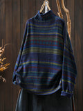 Women Autumn Vintage Stripe Half-Turtleneck Sweater