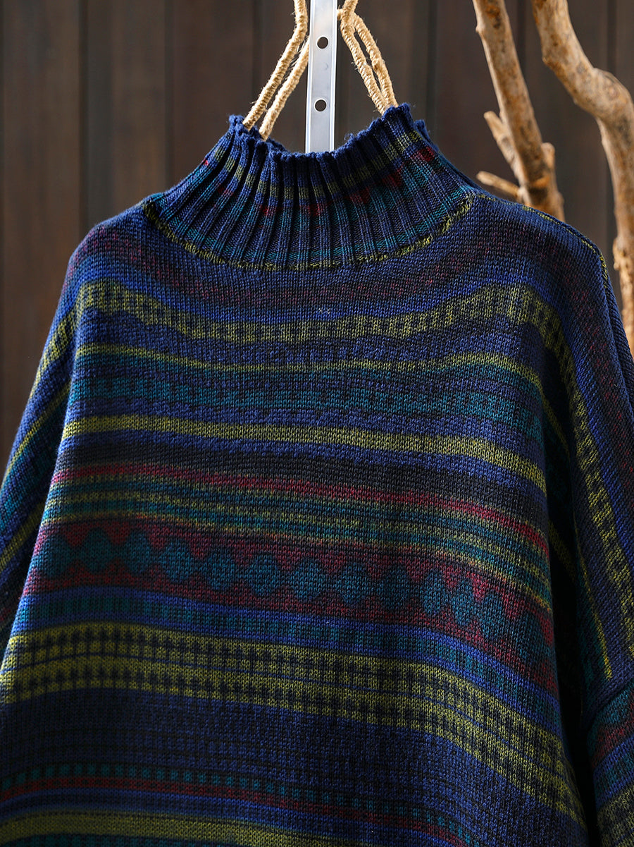 Women Autumn Vintage Stripe Half-Turtleneck Sweater