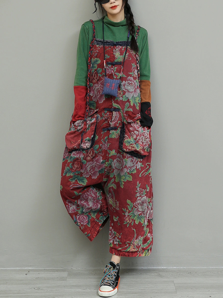 Plus Size Women Vintage Flower Cotton Loose Jumpsuits