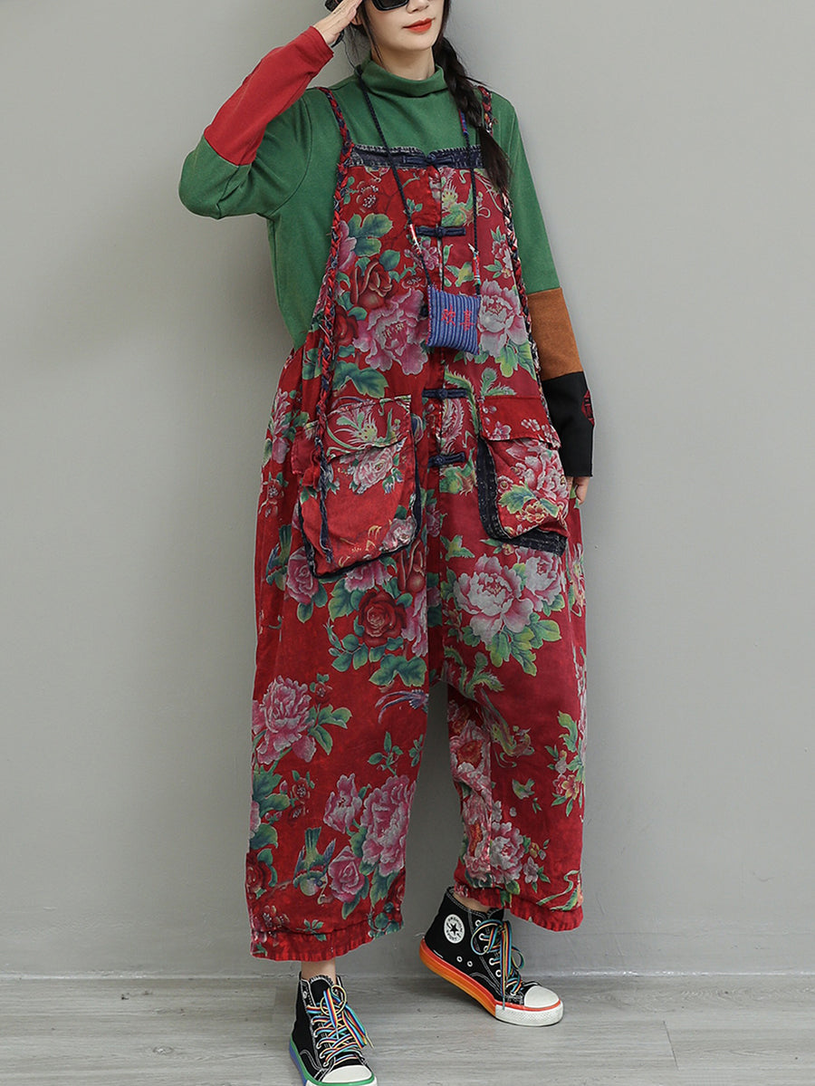 Plus Size Women Vintage Flower Cotton Loose Jumpsuits
