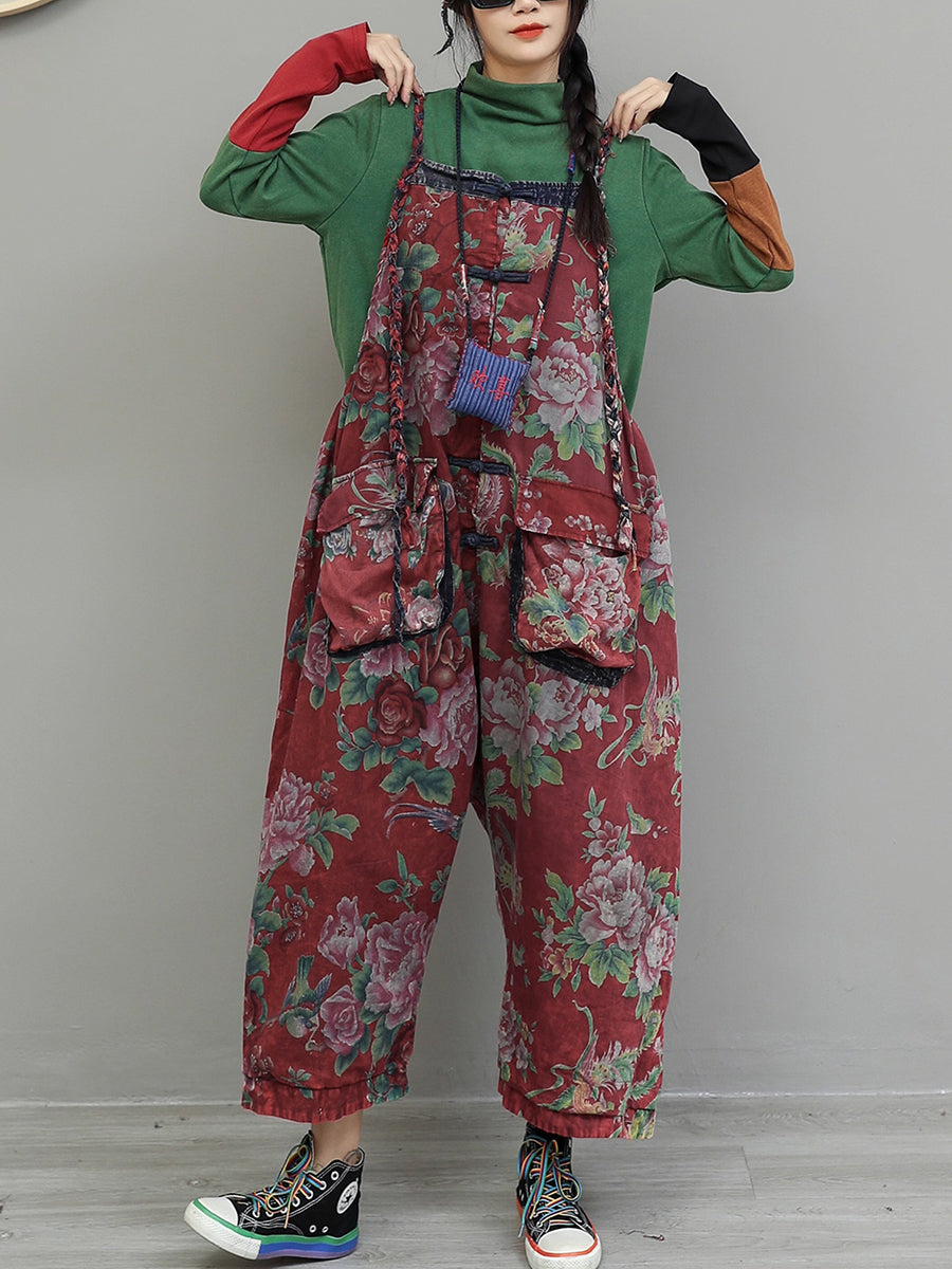 Plus Size Women Vintage Flower Cotton Loose Jumpsuits